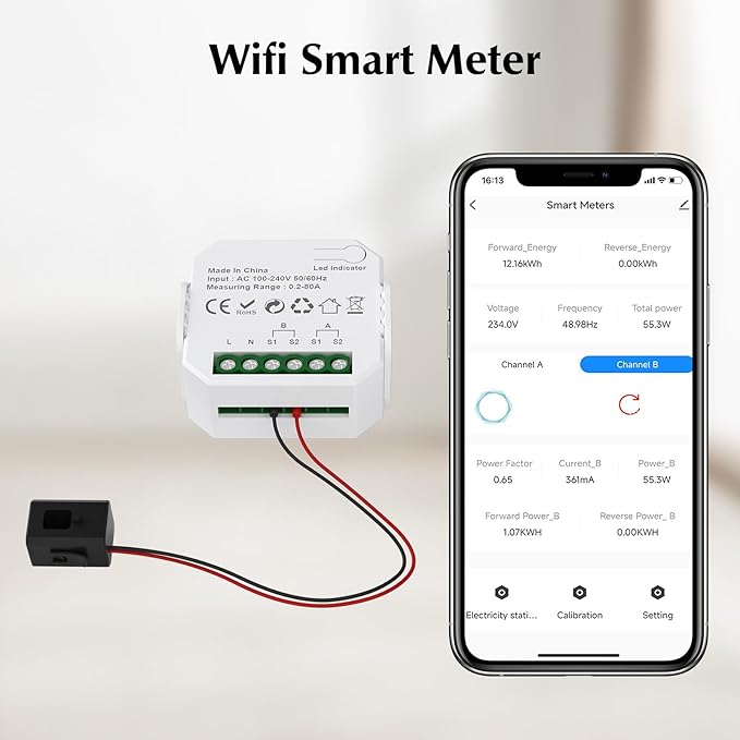 eMylo 1-Channel WiFi Power Meter 80A Smart Energy Monitor, Clamp-on Ammeter, 2.4GHz WiFi, Real-time Monitoring, Smart Life/TUYA APP, Home Power Monitor, Compatible with Alexa and Google Assistant