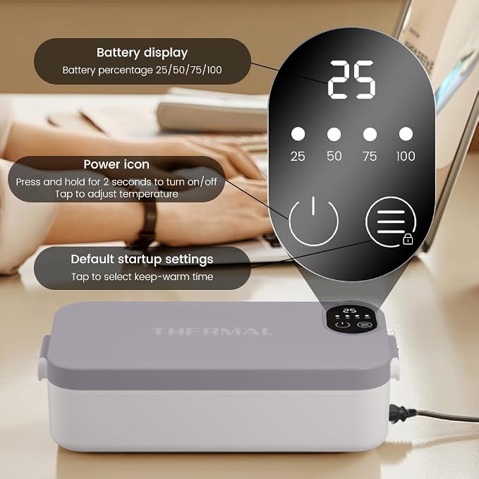 Cordless Electric Lunch Box for Adults, 900ML Heated Lunch Box for Men, Electric Lunch Box Food Heater with Timer & Multi-Temp Settings for Office, Picnic, Camping, Car & Outdoor Use