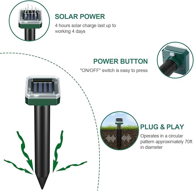 Mole Repellent for Lawns 8 Pack, Solar Powered Mole Repeller Ultrasonic Gopher Repellent, Outdoor Waterproof Vole Vibration Stakes,Sonic Gopher Deterrent Yard for Rodent Groundhog Snake Chipmunk