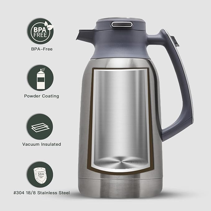IDEUS Thermal Coffee Carafe, Stainless Steel Double Wall Insulated Vacuum Flask, Water Jug Coffee Server and Beverage Dispenser, Heat and Cold Retention (Metallic, 68, Fluid Ounces)