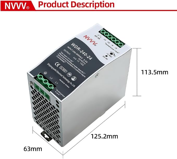 WDR-240-24 24V, Input:180~550VAC,Output:24VDC 10A, 240W Industrial DIN Rail Power Supply AC to DC Converter