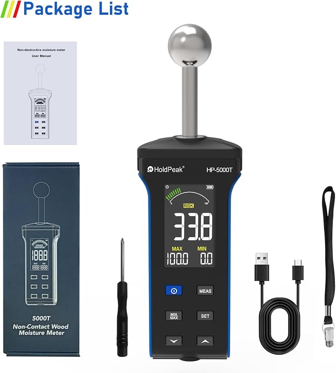 HOLDPEAK Pinless Wood Moisture Meter, Non-Destructive Moisture Meter for Wood, Concrete, Floors, Walls, Measuring Depth 20-40mm Digital Moisture Meter with Masonry-Spherical Sensor, Large LCD Display