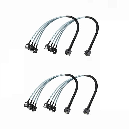 10Gtek MiniSAS HD SFF-8643 Breakout to 4xSATA Cable, for Server JBOD/Storage Tray & SAS RAID Controller Compatibility, 0.5m(1.6ft), 4-Pack