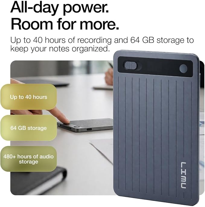 LIMU AI Voice Recorder, German Design AI Note Taking Device with GPT-5, Slim 64GB, 400 Min/Month Audio Recorder, Transcribe, Summarize, MindMap, 125 Language, AI Assist for Meetings, Calls, Lectures