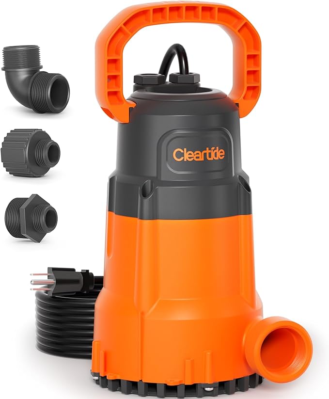 Cleartide 1 HP Submersible Utility Water Pump, 4500 GPH Sump Pump, Portable Plug and Work for Pond, Garden Watering, Pool or Hot Tub Water Transfer