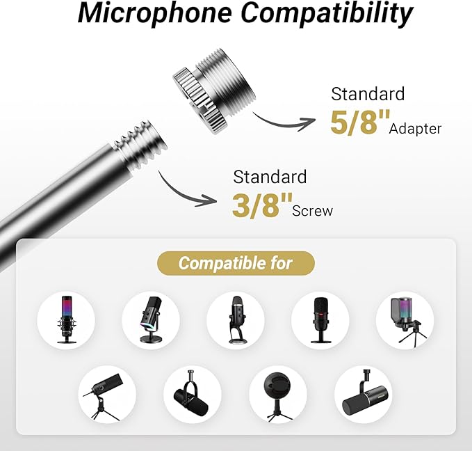 TONOR Microphone Arm Stand, Adjustable Suspension Boom Scissor Mic Stand with Pop Filter, 3/8" to 5/8" Adapter, Excellent Compatibility, Mic Clip, Upgraded Heavy Duty Clamp, 47 cm + 47cm, T30