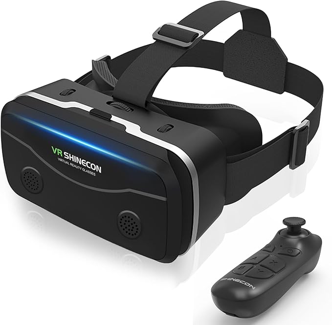 VR Headset with Bluetooth Remote for 4.7-7" iPhone & Android Phones, HD Aspheric Lenses, Adjustable Focus & Pupil Distance, Heat Dissipation Design