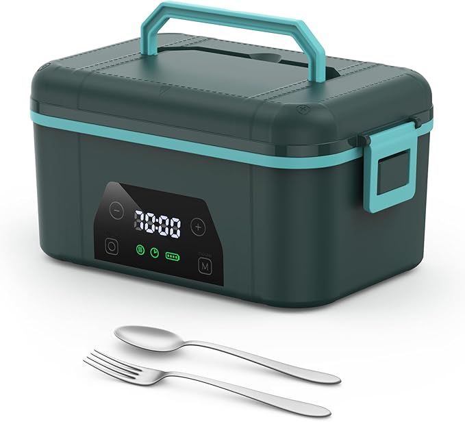 Cordless Heated Lunch Box, Smart Timer Automatic Heating Food Warmer for Adults, 5.5-Cup Portable Electric Lunch Container with Handheld Insulated Bag（Dark Blue）