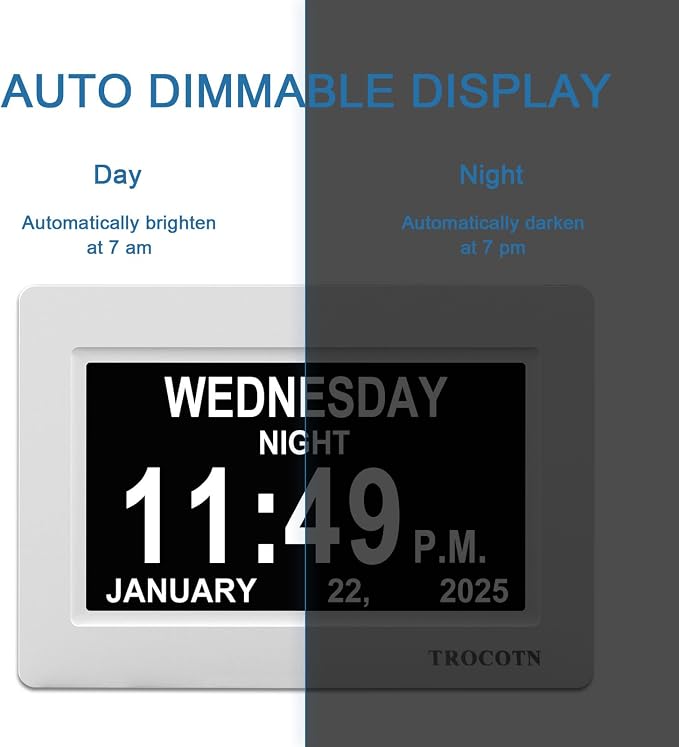 TROCOTN Dementia Clocks, Large Display Calendar Alarm Clock with Auto DST for Seniors, 5 Display Modes Large Font Digital Clock with Custom Alarms Day Date Clocks. (7 Inch White)