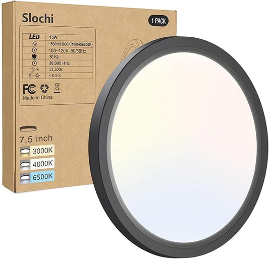 1PACK LED Flush Mount Ceiling Light Fixture, 3000K-4000K-6500K & 100W Equivalent Modern Kitchen Ceiling Lamp 15W 1500Lm 7.5 Inch Closet Round Surface for Bathroom Laundry Bedroom Hallway, Black