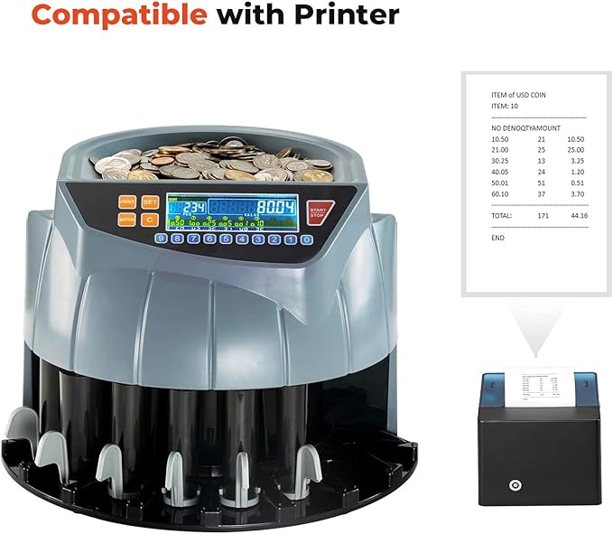 MUNBYN Coin Counter Machine, Coin Sorter Machine, 1¢, 5¢, 10¢, 25¢, 50¢ and Dollar, 250 Coins/min, Compatible with Printer, Batch Mode Change Counter Machine, 6 Bins and Tubes Roller