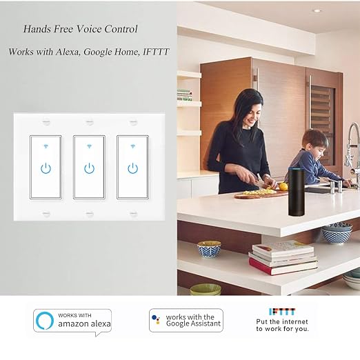 Smart WiFi Light Switch 3 Gang - Wireless Compatible with Alexa and Google Home