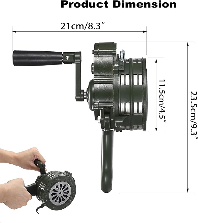 Sumnacon Hand Crank Siren Manual Operated Air Raid Siren with Foldable Handle for Sporting Events,Emergency Sturdy Waterproof Aluminum Alloy Tornado Siren Portable Loud Volume Emergency Siren,Green