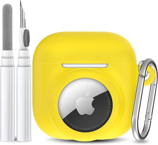 2 in 1 Silicone Case Compatible with AirPod 4 and AirTag 2/1, Shockproof Protective Skin Cover for AirPods 4th Generation with Cleaner Kit & Carabiner (Yellow)