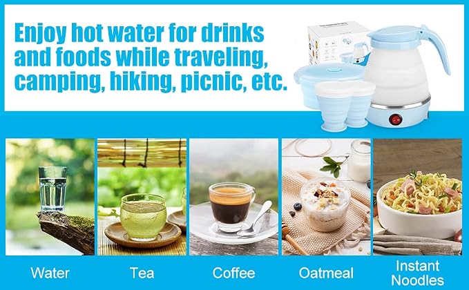 Travel Foldable Electric Kettle, Portable Kettle for Fast Water Boiling Tea Coffee, with 1 Collapsible Bowl and 2 Cups, Food Grade Silicon, 600ML 110V