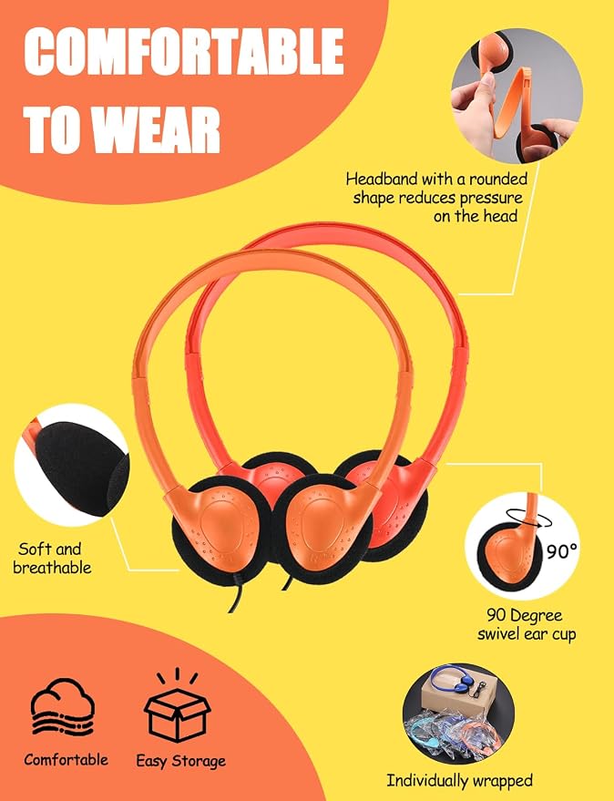 100 Pack Classroom Headphones Bulk for Students Kids Schools, Wholesale Wired Multi Color 3.5mm On Ear Class Set Headphones for Library Chromebook Laptop PC Computer