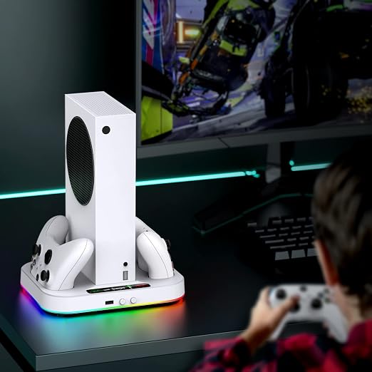 Cooling Stand for Xbox Series S Console with 15 Light Modes, MENEEA Dual Fast Charger Station with 2x1400mAH Batteries,Cooler System Accessories with 3-Speed Adjustable Fan, 2.0 USB Port