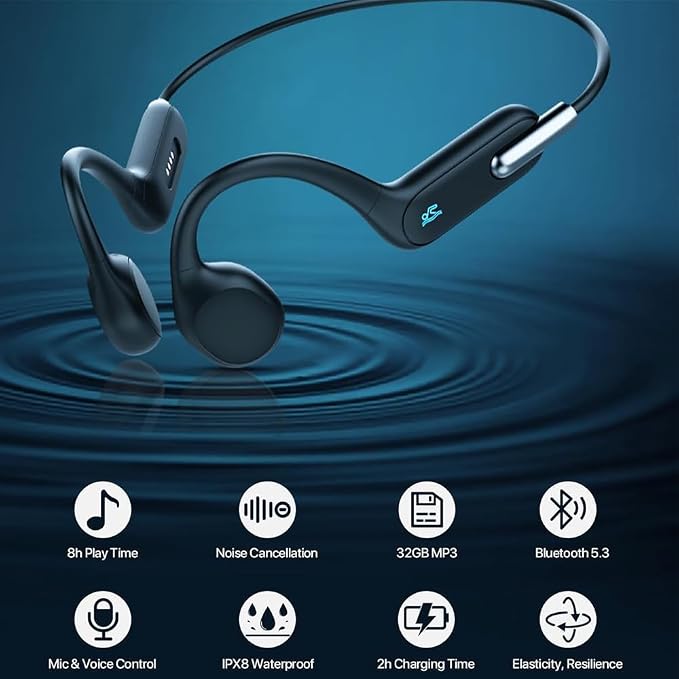 AYI Professional Swim Headphones True Bone Conduction Open Ear Headset Underwater MP3 Player Built-in 32G Memory IP68 Waterproof Bluetooth Earphone for Driving Bicycling Running Skiing-X6 Black