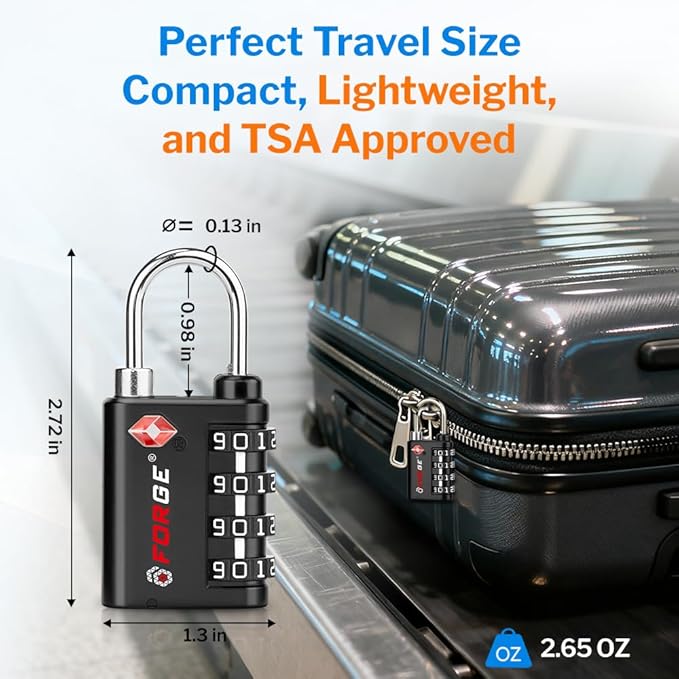 Forge Dual-Opening: Key or Combination Lock, TSA Approved Lock for Luggage, Pelican case, Travel, Gym, School,Luggage Combination Lock,Travel Bag Lock (Black 2 Pack)