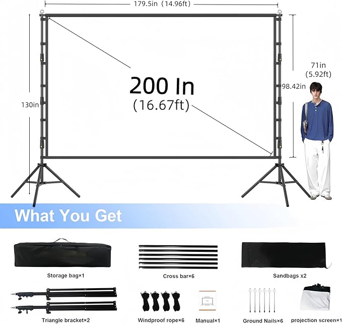 Projector Screen and Stand,200 inch Outdoor Projection Screen 16.67FT Large Portable Movie Screen Wrinkle-Free 16:9 4K Washable with Carry Bag for Backyard Theater Movie Night Celebration