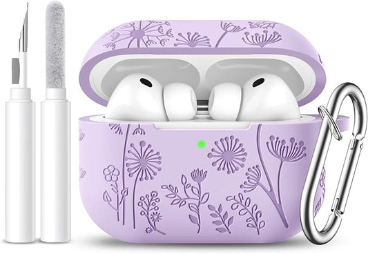Lerobo for AirPods Pro 3 Case, Cute Floral Engraved Soft Silicone Cover with Keychain & Cleaner Kit Compatible with Apple AirPods Pro 3rd Generation Case 2025 for Women,Full Body Protection,Lavender