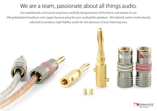 Nakamichi Ultimate Series 24K Gold Plated Beryllium Red Copper Banana Plug 12-18 AWG Gauge Size 4mm Connector for Speakers Wire Amplifiers Hi-Fi Sound Systems (8 Pcs (4-Pairs), Banana Plugs)