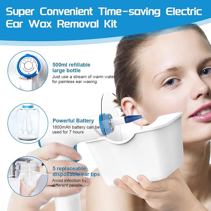 Temodu Electric Ear Wax Removal Kit, Rechargeable Earwax Remove Removal Ear Irrigation System, and Effective Clean Ear, Features Disposable Tips & Ear Catch Basin (9+1 Disposable Tips) (Blue)