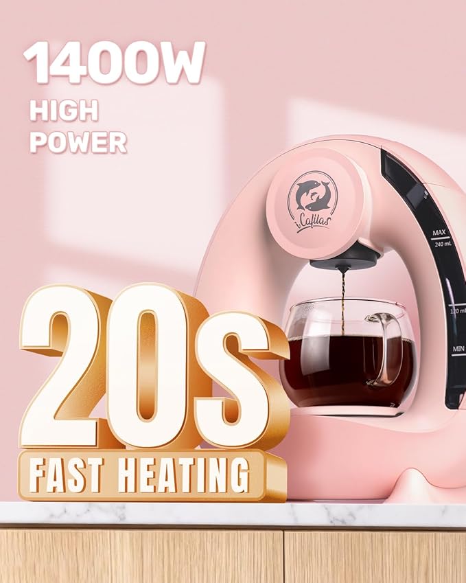 i Cafilas 2-in-1 Coffee Maker, Fast Brew in 1.5mins, Single Serve Coffee Machine Compatible with K-Cup Pods & Ground Coffee, 1400W with 20s Preheat, Compact for Home,Small Place,Office&RV, 4-8oz,Pink
