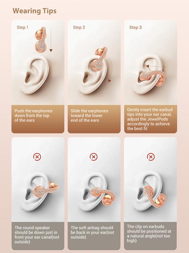 JewelPods C01Pro Open Ear Headphones, Luxury Jewelry Earbuds, Rose Gold | Clip-On Wireless Bluetooth Earbuds Secure, Lightweight, Premium Audio-Water Resistant-Up to 72 hrs Play,Gift for Her