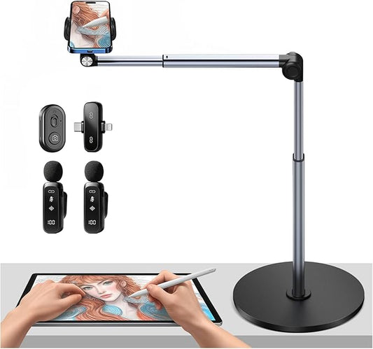 yAyusi Vlogging Kit for iPhone/Android, 13.7 in Long Overhead Phone Mount, Microphone/Remote Control, Flexible Articulating Arm Phone Mount for Desk for Live Streaming, Meeting, Cooking, Filming
