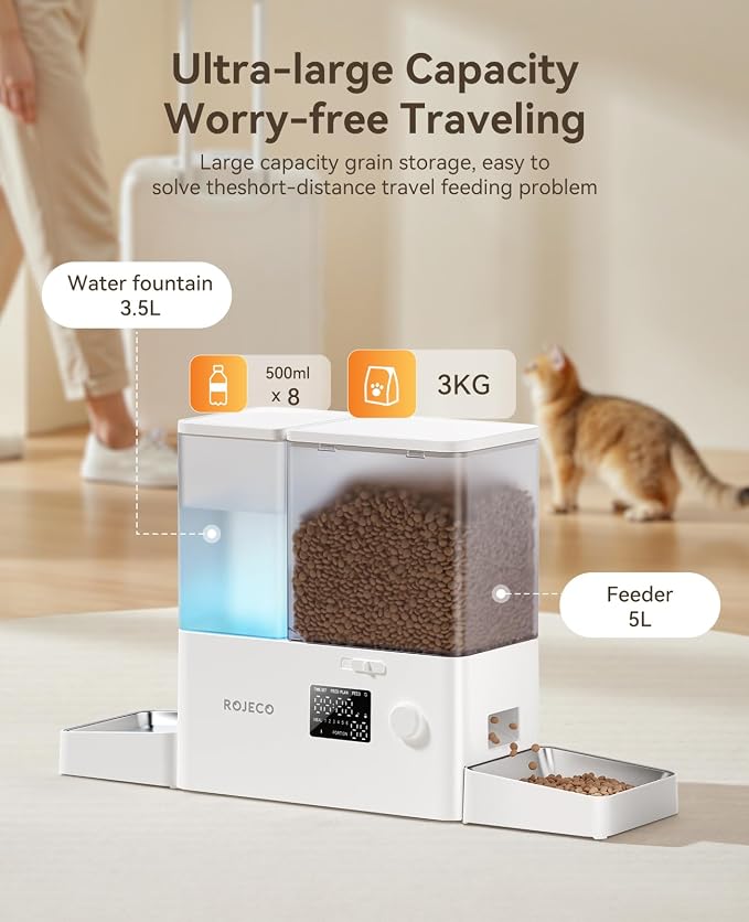 ROJECO Automatic Cat Feeder and Water Dispenser,36Cups/8.5L 2-in-1 Stainless Steel Bowls Large Capacity Cat Food Dispenser and Gravity Water Fountain for Cats Small Dogs Puppies Kittens Pets