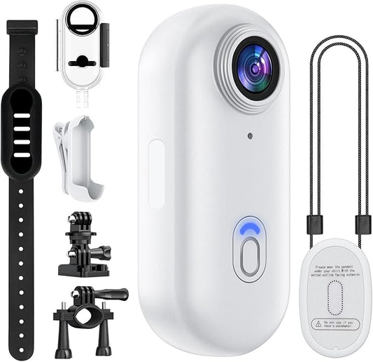 128GB 1080P Mini Body Camera, Thumb Action Camera, Small POV Camera with Helmet Mount, Waterproof Case for Vlogging, Cycling, Pet (White)