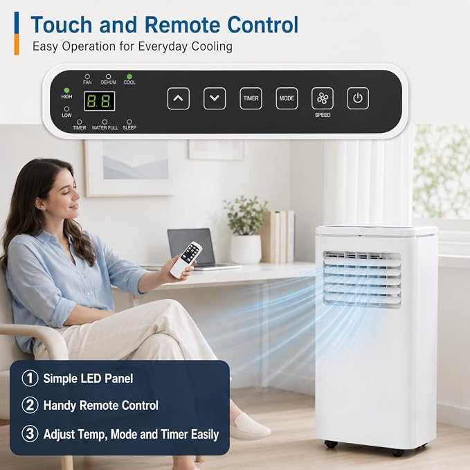 10,000 BTU Portable Air Conditioners - Cools 450 Sq. Ft., 4-in-1 Portable AC Unit with Cool, Fan, Dehumidifier, Sleep, 24H Timer, Remote & Installation Kit, for Bedroom, Office, Dorm