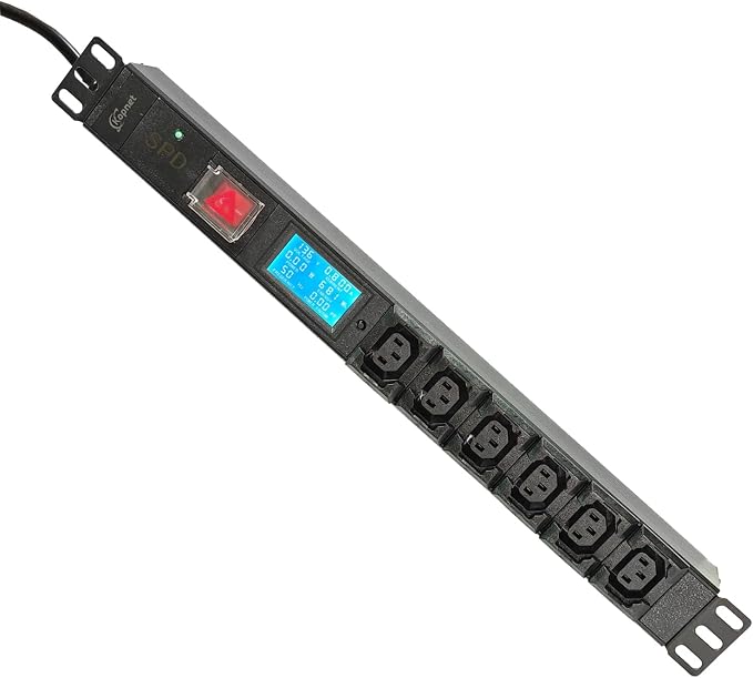 19 Inch 6 C13 Metered PDU Rack Mount Power Distribution Units, 110-250V 15A 1U Rackmount Surge Protector Power Strip with Power Meter and OLED Screen Amp Voltage Display