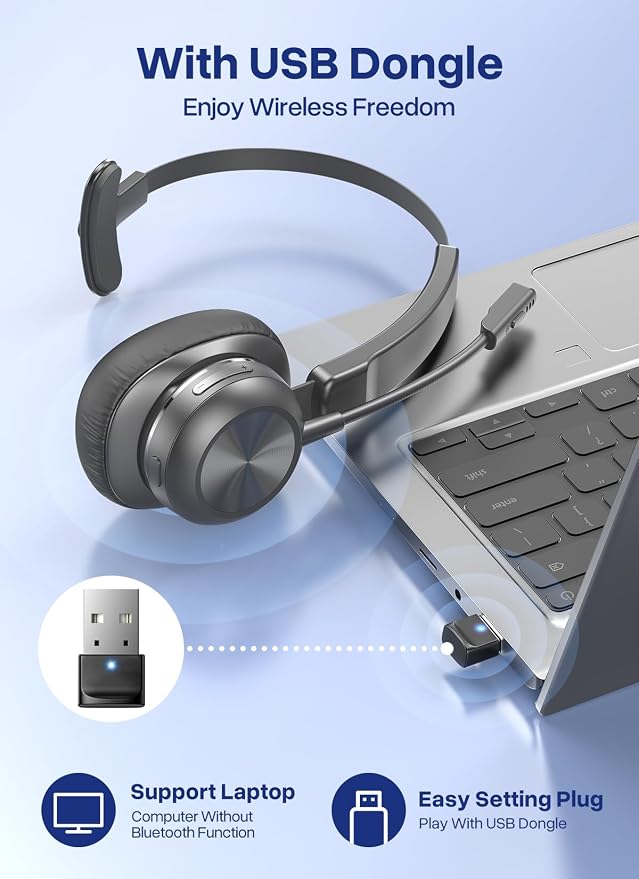 Bluetooth Headset with USB Dongle, Trucker Bluetooth Headset with AI Noise Cancelling Microphone & Mute Button, 50Hrs Single Ear Wireless Headphones for Truck Driver Phone Computer Office Work, Ash