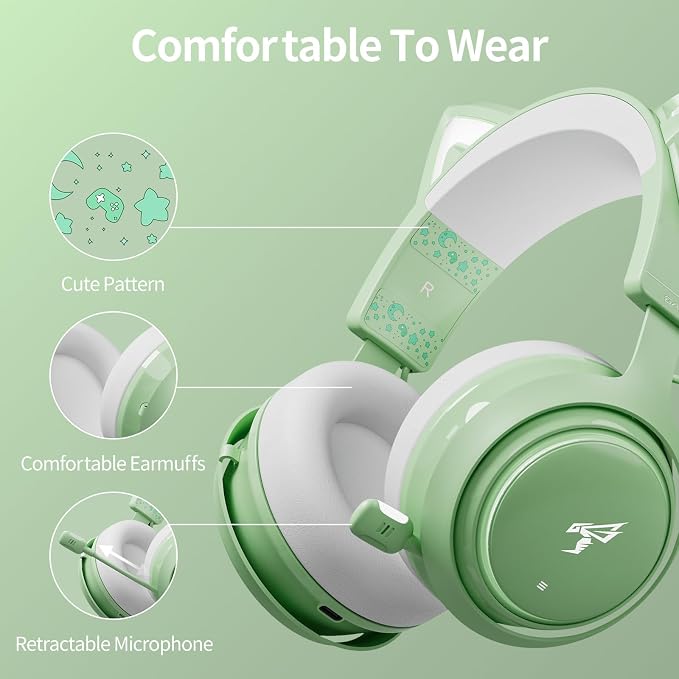 EASARS Cat Ear Headphones, Gaming Headset (Wireless, Green)