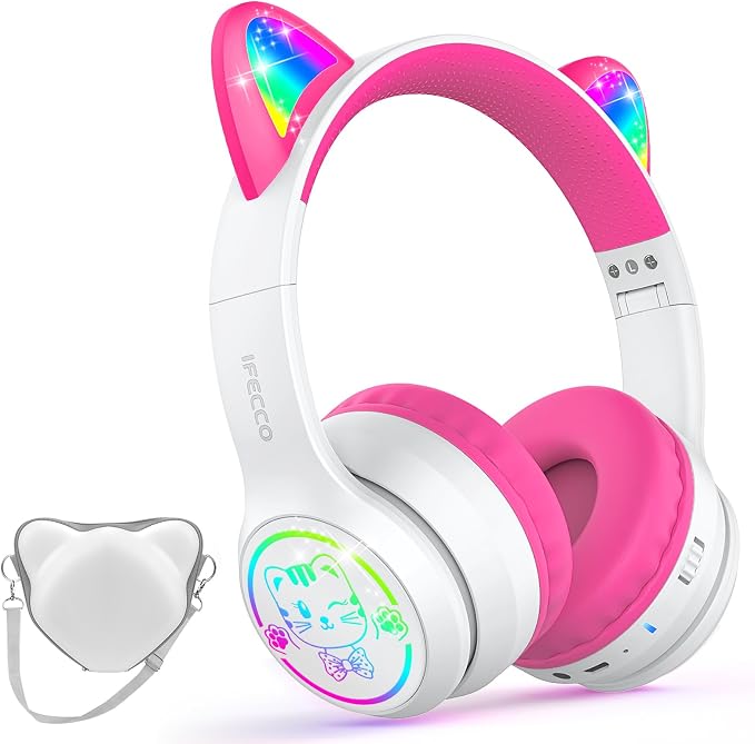 IFECCO Kids Wireless Headphones with Case,Cute LED Light Up Cat Ear Children Girls Bluetooth 6.0 Headphones Volume-limiting for School Travel Gifts