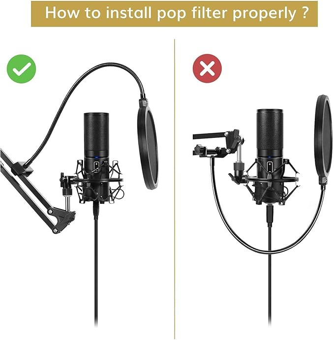 TONOR Microphone Arm Stand, Adjustable Suspension Boom Scissor Mic Stand with Pop Filter, 3/8" to 5/8" Adapter, Excellent Compatibility, Mic Clip, Upgraded Heavy Duty Clamp, 47 cm + 47cm, T30