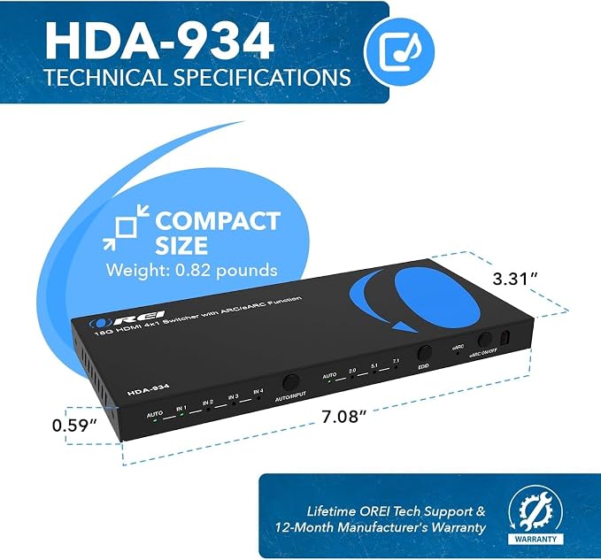 OREI eARC 4K 60Hz Dolby Atmos Audio Extractor Switch with 3 Inputs - Connect ARC/eARC Soundbar. HDMI 2.0 and HDCP 2.2 Compliant - CEC Pass Through - HDR, Dolby Vision Supported (HDA-934)