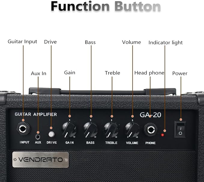 Electric Guitar Amplifier 20w amp Black Color gain bass Treble 3.5mm aux in Drive 6.5mm Guitar Input Headphone Portable for Beginner Starter Practice Travel amp noiseless Cable Pick and Adapter in