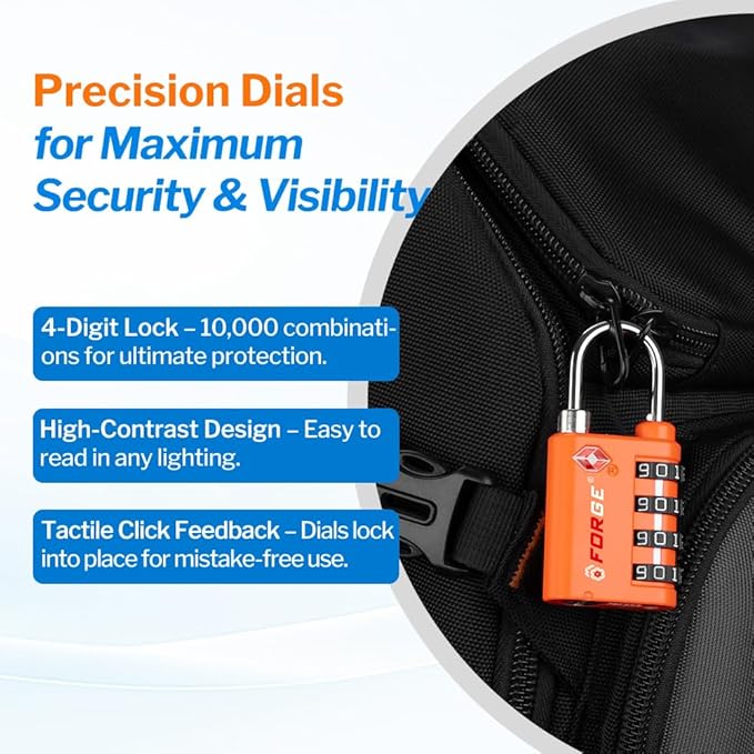 Forge Dual-Opening: Key or Combination Lock, TSA Approved Lock for Luggage, Pelican case, Travel, Gym, School, Luggage Combination Lock, Travel Bag Lock (4 Colors 4 Pk)
