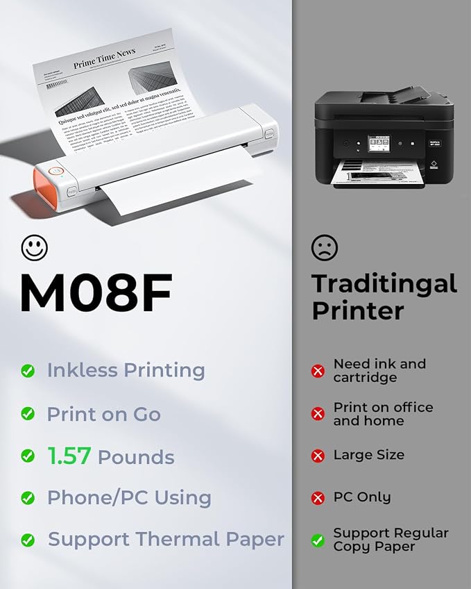 Phomemo Portable Printers Wireless for Travel, M08F Thermal Bluetooth Printer Support for 8.5"x11" US Letter, Inkless Printer Compatible with iOS, Android,White,1 Printer + 10 Sheets of Thermal Paper