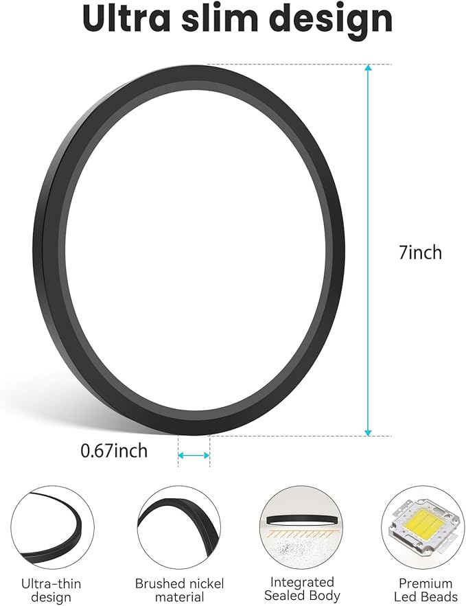libtit 7 inch Flush Mount LED Ceiling Light Fixture, 3000K-6500K Adjustable, 15W 1500lm Black Satin Round Ceiling Lamp for Bathroom Hallway Kitchen Bedroom, 2 Pack