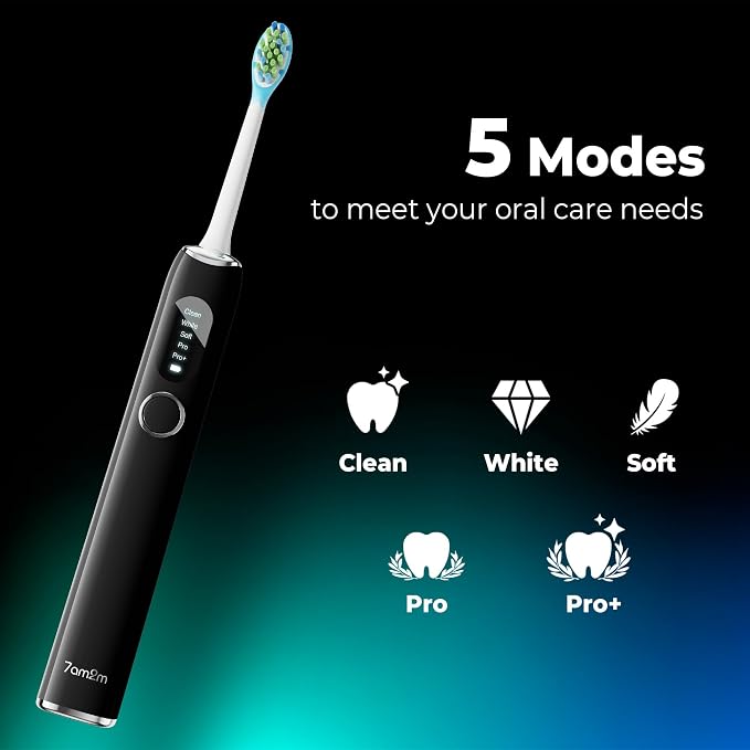 7AM2M Sonic Electric Toothbrush for Adults&Teens with LED Screen, 5 Modes, One Charge for 365 Days, 2 Minute Timer, with 8 Brush Heads and Travel Case (Black)