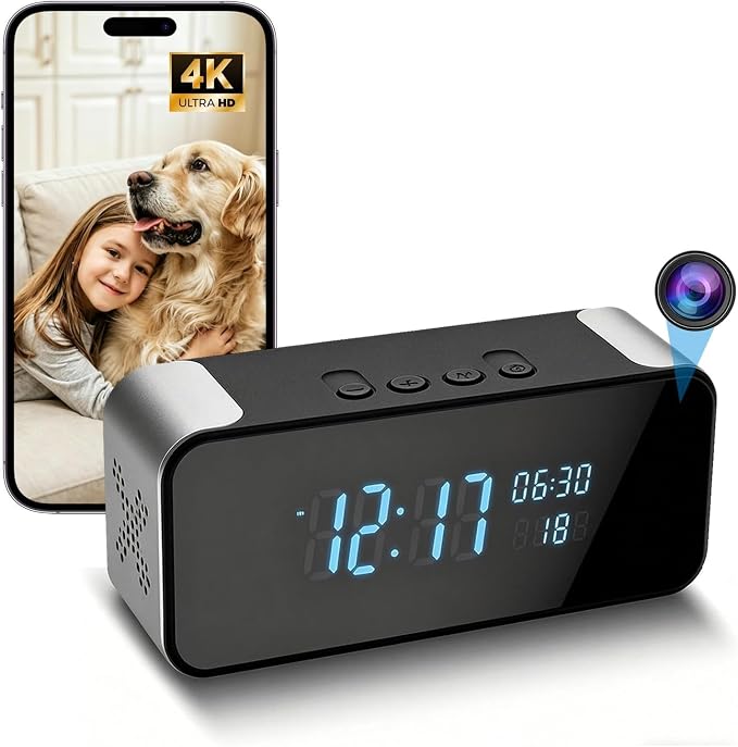 4K Hidden Camera Alarm Clock with Bluetooth, WiFi Wireless Nanny Cam for Home Security with Night Vision, Motion Detection, Remote Live Stream
