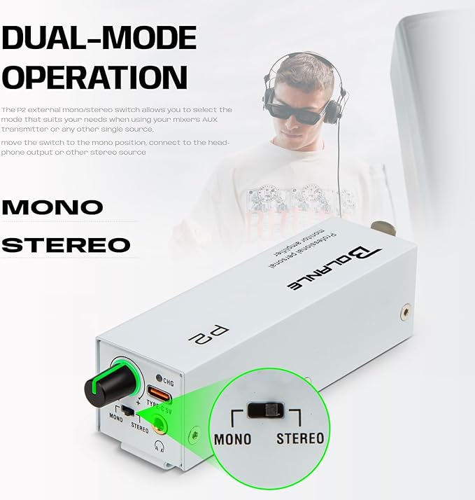 Bolanle P2 USB-C Portable in-Ear Monitor Amplifier, 5V DC/AAA Battery, XLR/TRS Input 3.5mm Output, 7-Color LED, Stereo/Mono Switch for Keyboardists, Drummers, Live Stage