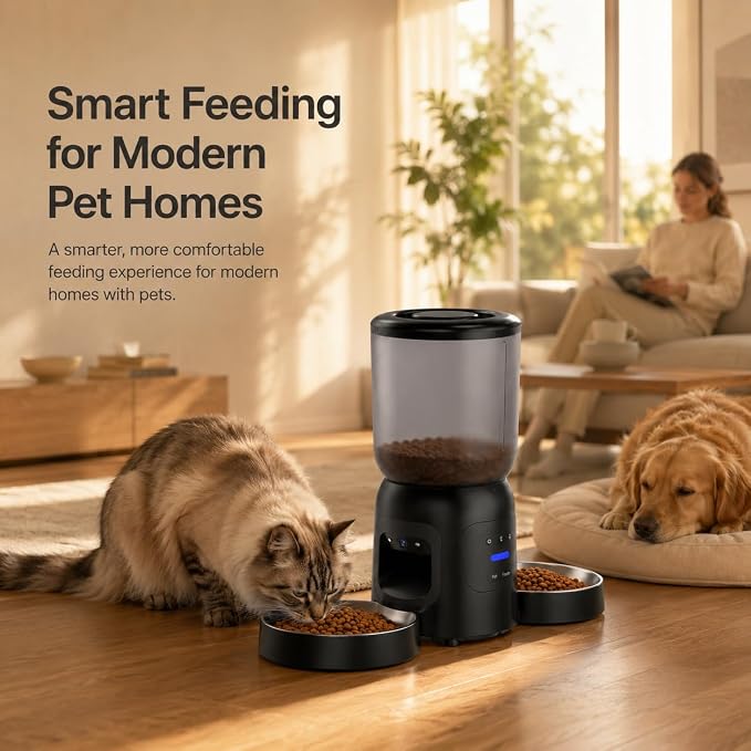 Smart Pet Feeder with Dual 2K Camera & AI Recognition, Dual Bowl Automatic Cat Feeder for Two Cats & Dogs, 6L WiFi Pet Feeder with App Control, 2-Way Audio, Motion Tracking, Anti-Clog Design