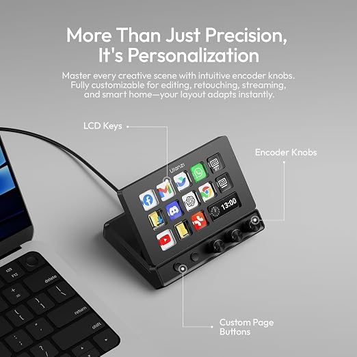 ULANZI D200X Stream Controller with 3 Knobs, 14 Customizable LCD Keys Macro Keyboard, 8-in-1 USB-C Hub Docking Station with 4K HDMI Content Creator Equipment for OBS/Video Editing/Photography/PC