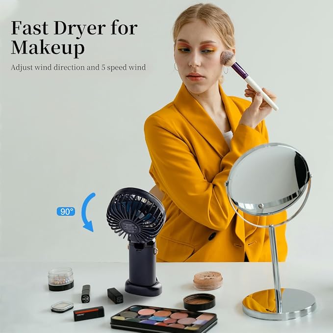 Portable Handheld Fan, 12 hours, Upgrade 3200mAh Portable Fan with LED Display, 90° Foldable, 5 Speed Wind,Hand Held/Neck/Desk 3 in 1 Personal Small Fans, Makeup Fans for Women (Dark Blue)