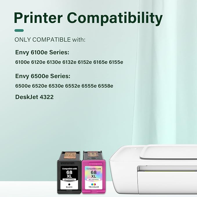 68 6155e 6555e 68XL 68e Ink Cartridges Black Color Combo Pack for HP68 Ink 68 XL Compatible for HP Envy 6100e 6500e Series Printers 6152e 6165e 6558e 6552e (2 Pack-1 Black, 1 Tri-Color)
